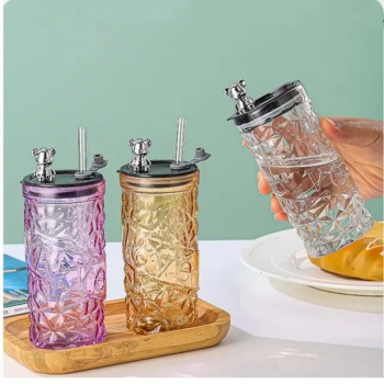 1pc+Bear+Series+Glass+Cup+with+Straw%2C+Cute+Creative+Water+Milk+Juice+Drinking+Cup+for+Office