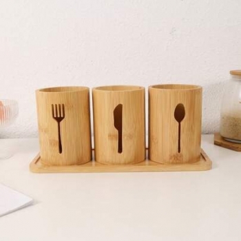 4+Pieces+Bamboo+Cutlery+Holder+Set+with+Drain+Base++Utensil+Organizer+for+Spoons%2C+Forks+%26+Knives