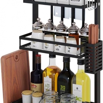 3+Tier+Spice+Rack%2C+Kitchen+Storage+Rack+with+3+Hooks%2C+Spice+Storage+Rack%2C+Multifunctional+Kitchen+Organizer+%28Black%2C+34%C3%9721%C3%9761cm%29