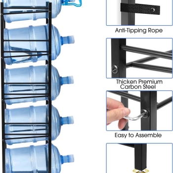 Water+Cooler+Jug+Rack+5-Tier+Water+Bottle+Storage+Rack+5+Gallon+Jugs+Water+Detachable+Heavy+Duty+Water+Bottle+Holder+Shelf+Save+Spacer+Easy+to+Assemble