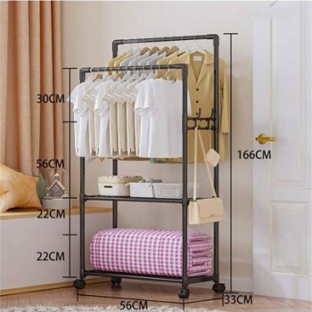 Double+Rail+Clothes+Rack+with+Wheels+Freestanding+Garment+Organizer+with+Hanging+Rods+and+2-Tier+Storage+Shelf+166CM+Height+Wardrobe+Stand+for+Clothes%2C+Bags+%26+Bedding+Space-Saving+Home+Solution