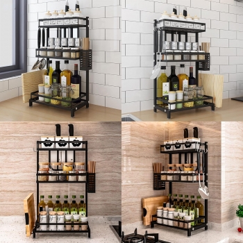 3+Tier+Spice+Rack%2C+Kitchen+Storage+Rack+with+3+Hooks%2C+Spice+Storage+Rack%2C+Multifunctional+Kitchen+Organizer+%28Black%2C+34%C3%9721%C3%9761cm%29