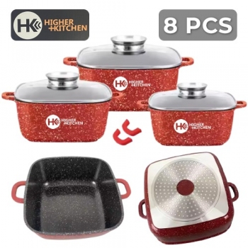 8+Pcs+Higher+Kitchen+20%2F24%2F28cm+Cookware+Set+with+Aroma+Lid+-Red