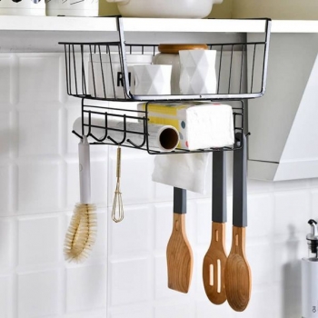 Hanging+Kitchen+Organizer+Basket+%E2%80%93+Under+Cabinet+Storage+Wire+Rack+With+Dual+Baskets+And+8+Hooks%2C+Multi-Functional+Space+Saver+For+Jars%2C+Bottles%2C+Utensils%2C+And+More